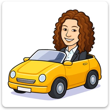 Create a digital cartoon style image of a curly red-haired woman sitting in a yellow car with a white background, similar to the reference image. sticker