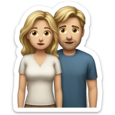 40 year old woman with dirty blond hair holding a 45 year old man with brown hair, both crying and sad sticker