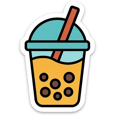 colorful outlined icon of a boba tea cup with straw and pearls sticker