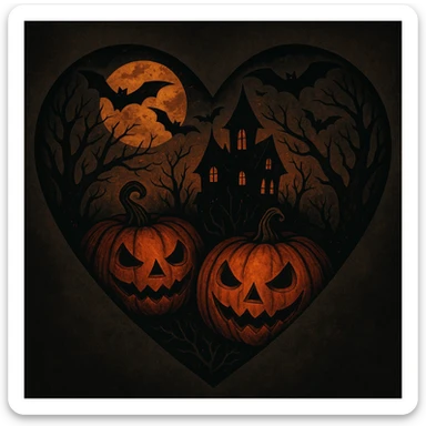 heart with Halloween theme, spooky, pumpkins, bats, dark colors sticker