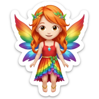 fairy with long orange hair, rainbow wings, red dress, happy, chibi full body sticker