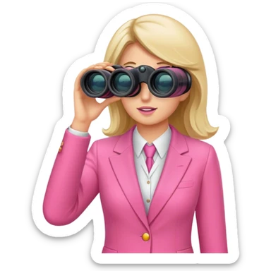 white female employee in pink suit using binoculars sticker