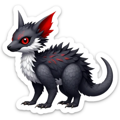 a white exotic edgy vernid-fionbr-Fakémon-creature, with black belly and red eyes, full body sticker