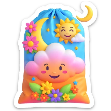 A cute plastic bag with a drawstring, containing a smiling cloud, crescent moon, stars, and colorful flowers, in 3D iOS emoji style, soft gradients, glossy finish, no background. sticker
