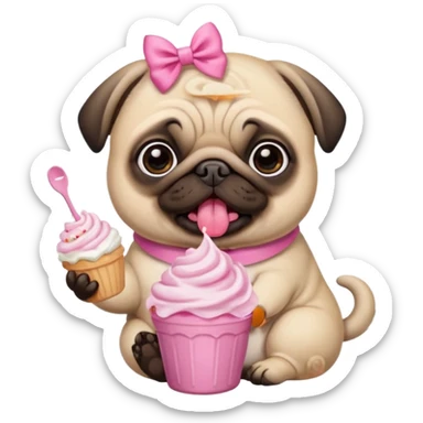 Pug com laço Rosa comendo ração  com chantilly Rosa sticker