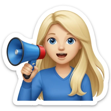  blue eyes blonde girl yelling into megaphone smiling long hair sticker