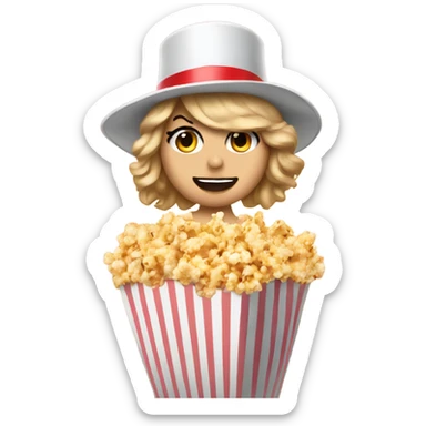 Taylor swift in a popcorn bucket wearing a circus tophat sticker