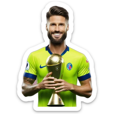 Olivier Giroud holding Champions League trophy sticker