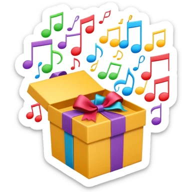 A wrapped gift box opening with colorful music notes flying out. the box is open  sticker