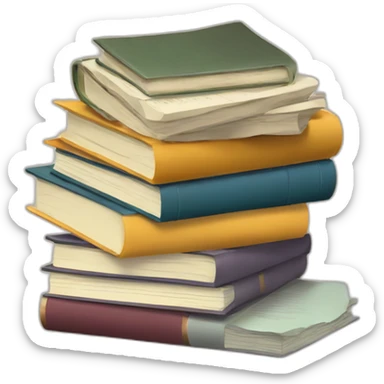 A pile of books, a pile of papers, a computer sticker