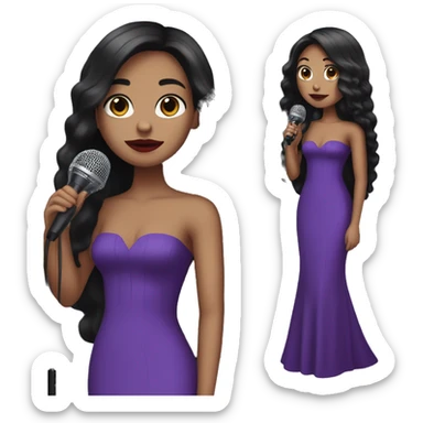 tall girl with long straight black hair with red lipstick with a microphone and purple prom dress sticker