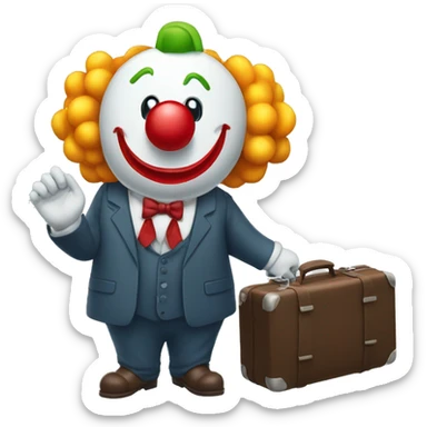 A clown in a business suit with a suitcase of money in his hand in full growth sticker