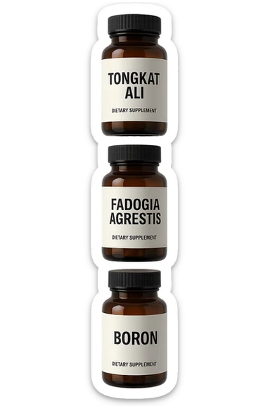 4 boccette di integratore: Tongkat Ali, Fadogia Agrestis, Boron e Zinco fluttuano in aria verticalmente sticker