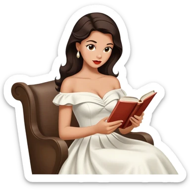 Beautiful woman in 1950’s woman fashion look, off-shoulder white dress, long dark brown hair, reading  sticker