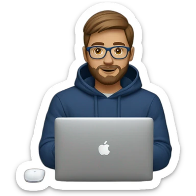 Brown short hair white man with a beard and round glasses typing on apple computer wearing a dark blue nike hoodie sticker