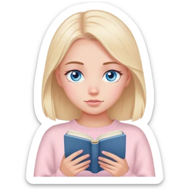 Pretty blue eyed white girl with light pink sweater reading cozy sticker