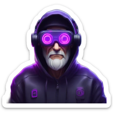 Russian old man wearing a black hoodie with "OMG" letters on it and VR headset in a cyberpunk VR environment with violet neon lighting. sticker