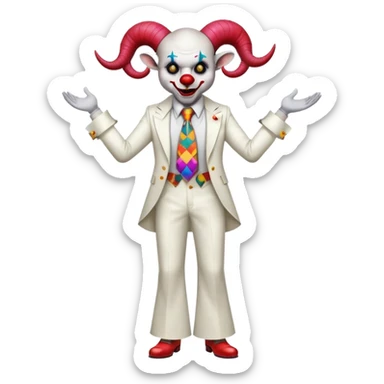 full-body demonic clown in a white leisure suit with bellbottom pants, bald, black ram horns, flashy belt, ruffled shirt, colorful tie, no elevator shoes sticker