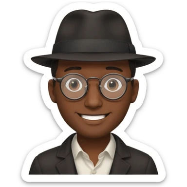 A man emoji with dark skin, wearing round glasses and a black fedora hat, with a clean-shaven face. sticker
