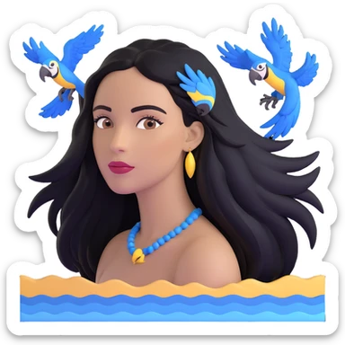 close-up of a woman's face with long black hair, light brown skin, blue macaws flying around her head, and the arches of Atalaia Beach (Aracaju-SE) subtly in the background sticker