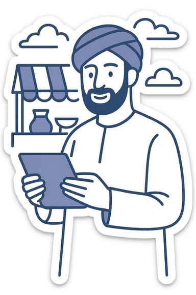 souk merchant holding a tablet, flat modern style, Middle Eastern trading theme sticker