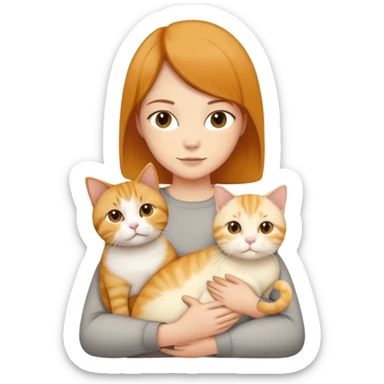 Straight short hair ear length in dark brown , skin tone honey . holding one ginger cat , one yellow white cat , one cream color cat British short hair same size  sticker