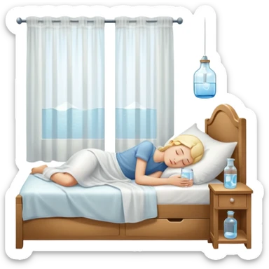 sunlight through curtains, GoCLN bottle and water glass on bedside table, person sleeping

 sticker