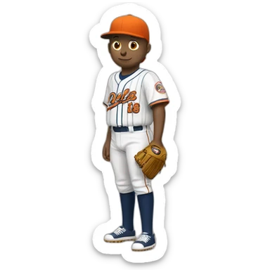 un animal castor bigotón, left pitching con uniforme de béisbol, con jersey anaranjado y pantalón a rayas sticker