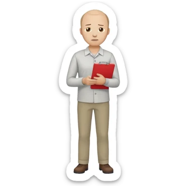 man mid 30's tired shirt and trousers balding hairline standing holding a clipboard sticker