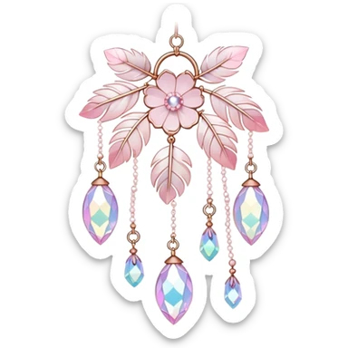 Hanging Iridescent pastel pink sakura crystals white-pearly suncatcher with bells and feathers sticker