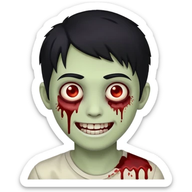 Teen zombie with black hair smiling with blood all over him sticker
