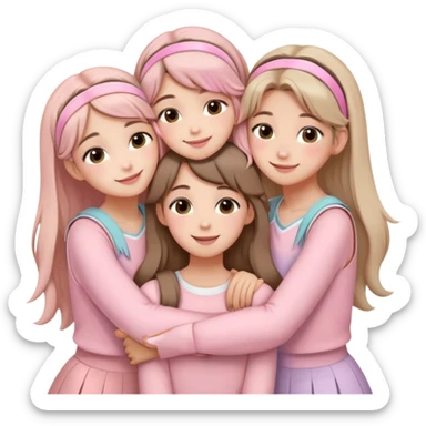 Four girls hugging each other, all wearing soft pink clothes, two with long hair and two with shoulder-length short hair, smiling, with hair accessories like headbands or ribbons, pastel color palette, soft shading, make someone pose with two fingers and someone kisses his cheek sticker