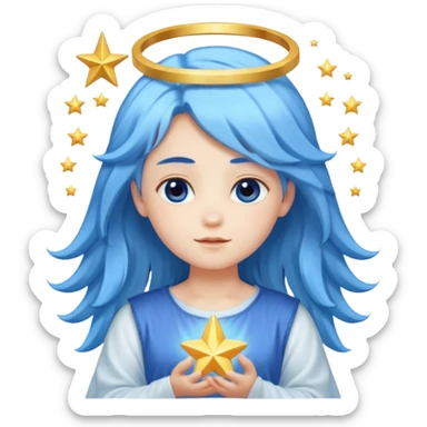 A soft-faced angel with flowing blue hair and glowing halo, holding a small star.






 sticker