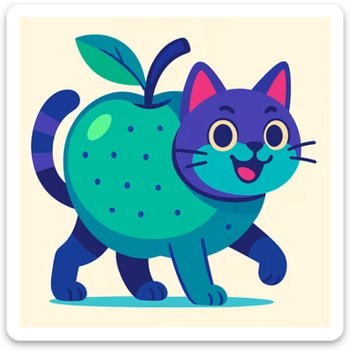 Make this animal colorful in a different palette, playful and bright, cartoon style, no meme elements, keep the apple-cat concept. sticker