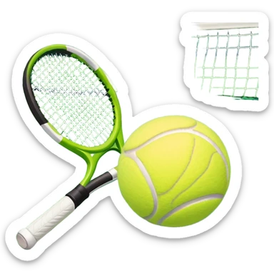 A tennis racket and a ball placed on the ground, with a tennis court in the background. The court lines and net are visible, emphasizing the structure and focus of the sport, creating a dynamic and energetic vibe. sticker