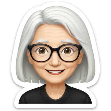 femme ridée avec de long cheveux blanc et des lunettes rectangles noir sourrir sticker