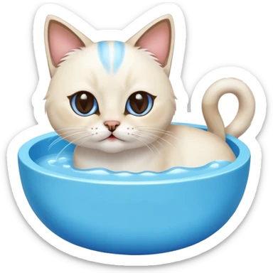 A water bowl and a cat licking sticker