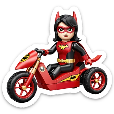 Hot full size real size-appearance electric road racing sexy BatWoman’ss feminine midnight-colored tight outfit sixty’s tv show Lego dark stealthy sporty safe plush petite off-road pursuit cruiser car rose gold accents (black hair,reclined and relaxed torso and shoulders seating position) go kart  sticker