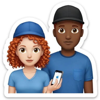 a couple a white woman with red curly hair and a black man in a blue shirt and black cap sticker