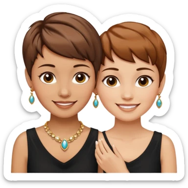 Fair skin and caramel colored besties with brown hair pixie cuts wearing jewelry  both brown hair  sticker