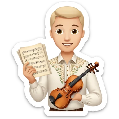 a happy guy in a white Ukrainian embroidered shirt, holding sheet music in one hand and a violin key in the other sticker