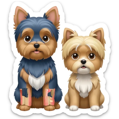 Generate a blue and tan purebred yorkie with a blonde shi tzu yorkie mix with floppy ears sitting next to each other. Make them the same size sticker