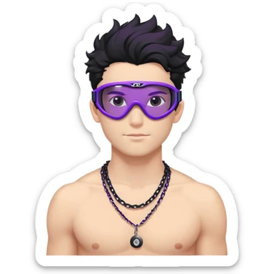shirtless male athlete with white skin and moderately curly black hair on top with shaved sides, wearing purple ski goggles with black tinted lenses, and a simple plain black chain necklace, no earrings sticker