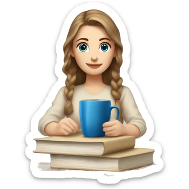 stack of beige books, Russian white girl with brown middle hair, blue eyes, sitting on table, coffee sticker