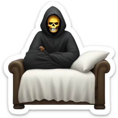 A man sitting on a pillow with the grim reaper behind him  sticker