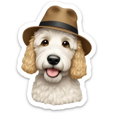 White mini golden doodle with man backwards hat brown hair sticker