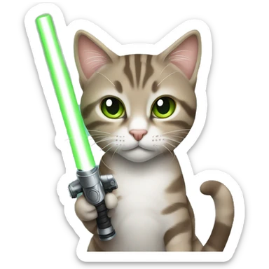 Tabby cat grey brown green eyes with light saber sticker