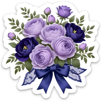 A hand-tied bouquet of soft lilac roses, pale violet peonies, and deep indigo pansies, bound with layers of vintage lace and a faded purple silk bow, rests upon a carved wooden vanity, beside an antique silver heart-shaped mirror reflecting the timeless beauty of love’s gentle touch. sticker