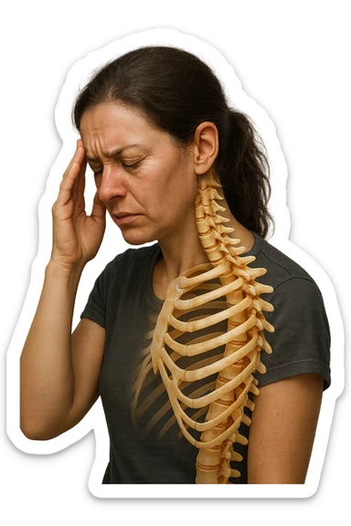 donna stanca che si tiene una mano sulla tempia con spina dorsale anatomica visibile, iperrealistico 4k sticker