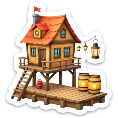 
fisherman house on a wooden pier, small dock, fishing nets hanging, barrels, lantern, ocean vibe, 3D cartoon, cute mobile game icon, clean background, no text
 sticker